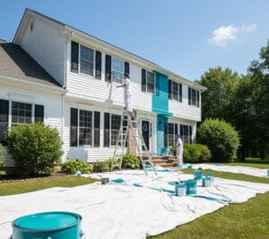 A wide-angle view of two professional painters in white uniforms working on a large white two-story house with black shutters. One painter is high up on an extension ladder painting a window frame, while the other stands near the front entrance. Multiple teal-colored paint cans and white drop cloths are spread across the green lawn in the foreground.