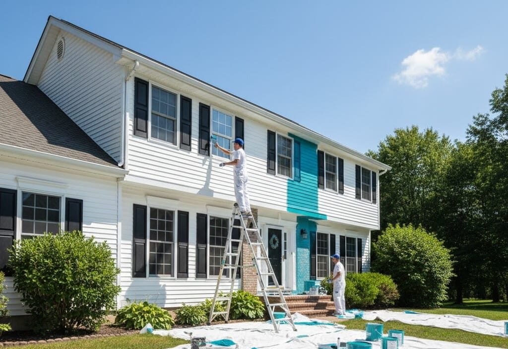 A wide-angle view of two professional painters in white uniforms working on a large white two-story house with black shutters. One painter is high up on an extension ladder painting a window frame, while the other stands near the front entrance. Multiple teal-colored paint cans and white drop cloths are spread across the green lawn in the foreground.