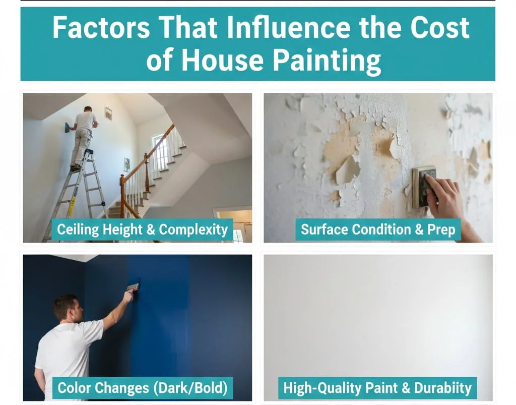 A four-panel infographic titled "Factors That Influence the Cost of House Painting" featuring examples of cost variables. Panels include a painter on a ladder in a high-ceiling stairwell, a close-up of a hand sanding peeling paint for surface prep, a painter applying deep blue paint over a light wall, and a side-by-side comparison of high-quality paint durability.