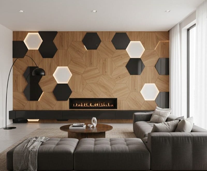 A modern living room featuring a custom fireplace surround that showcases statement wall ideas and geometric patterns for Glastonbury homes, with interlocking hexagonal wood panels, integrated LED lighting, and black geometric accents.