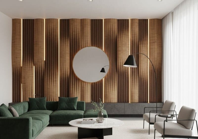 A luxurious living room showcasing statement wall ideas and geometric patterns for Glastonbury homes, featuring vertical fluted wood panels with integrated warm LED strip lighting and a central circular mirror.