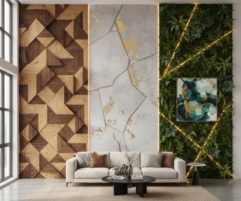 stunning living room display showcasing statement wall ideas and geometric patterns for Glastonbury homes, featuring a three-panel feature wall with 3D wood chevrons, gold-veined marble, and a lush vertical moss garden.