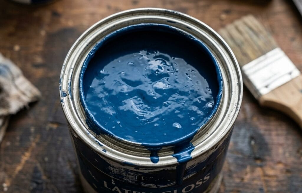 Open can of dark blue eco-friendly paint on a wooden surface, with a paintbrush nearby.