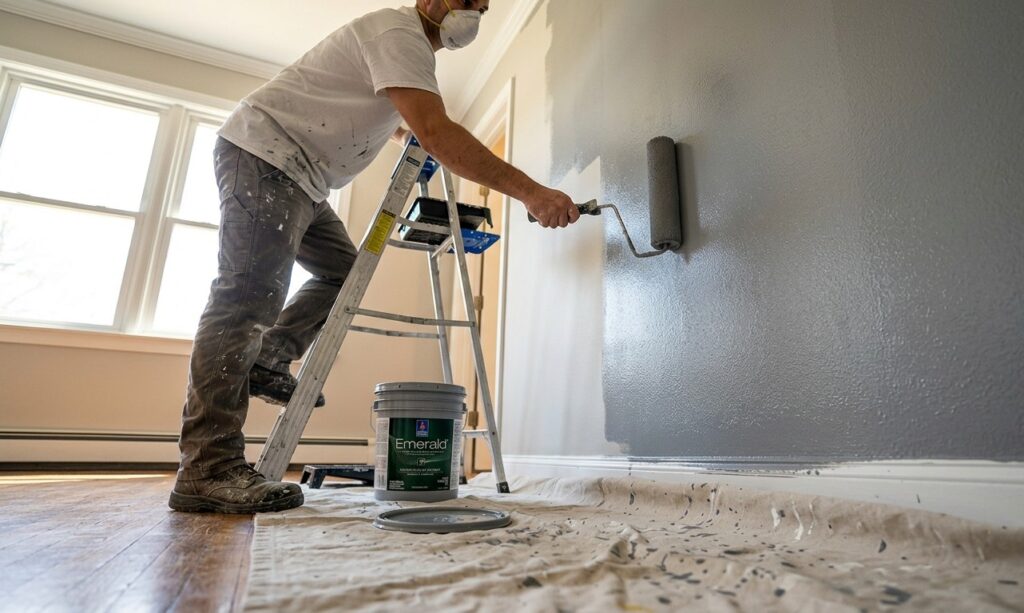 A person wearing a mask paints a gray wall with a roller in a sunlit room.