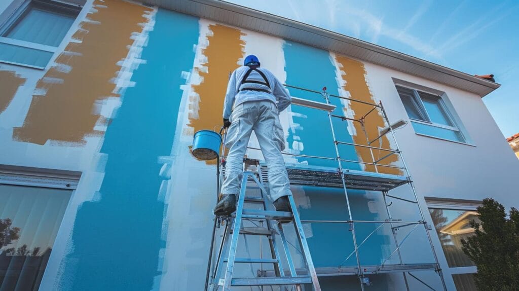 Professional painter applying blue exterior paint to a two-story house.