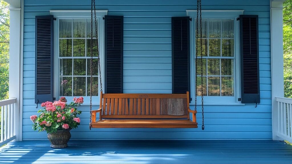 Wooden porch swing against blue siding with black shutters and flowers.